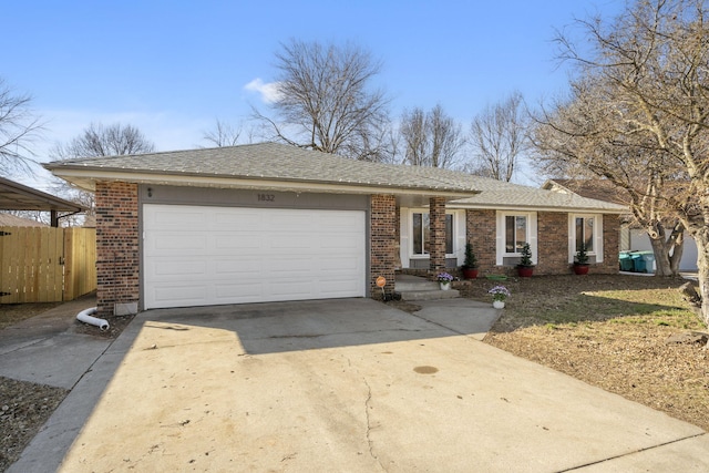 ranch-style house featuring concrete driveway, brick siding, and an attached garage