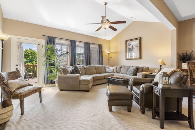 living room with light carpet, vaulted ceiling, and a ceiling fan