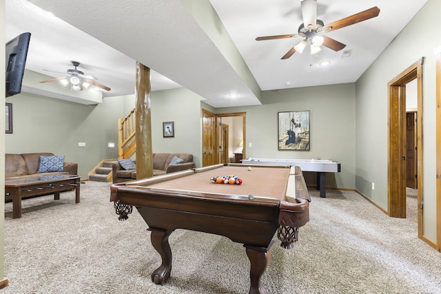 game room featuring light carpet, ceiling fan, baseboards, and recessed lighting