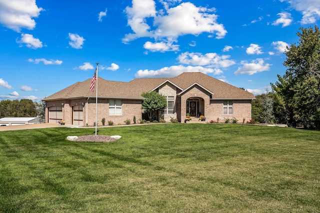 single story home featuring a garage, concrete driveway, brick siding, and a front lawn