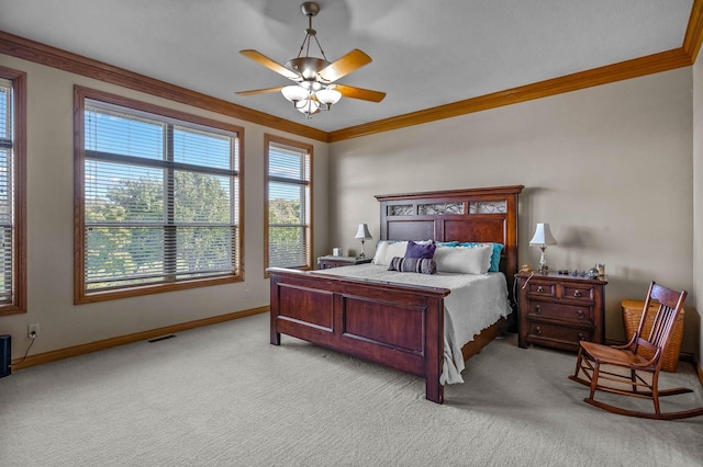 bedroom featuring light carpet, baseboards, visible vents, and crown molding