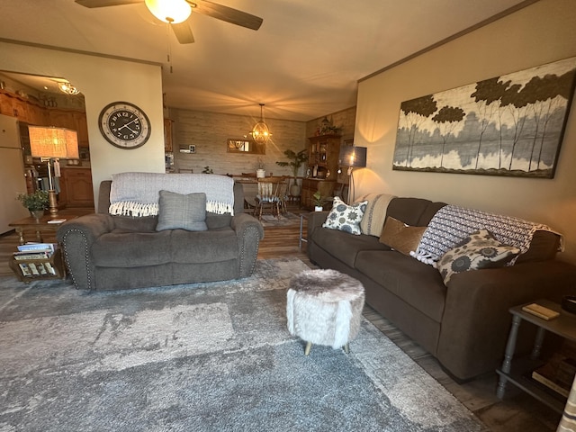 living room featuring ceiling fan