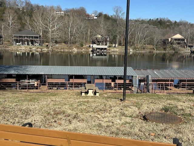 view of dock with a water view