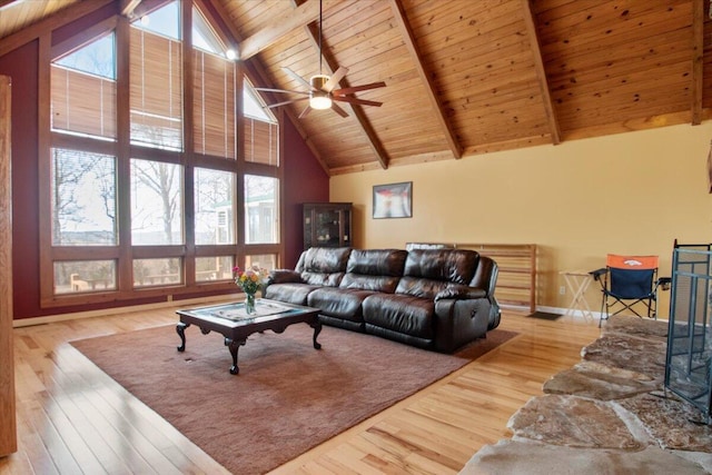 living area with wood finished floors, baseboards, high vaulted ceiling, beam ceiling, and wooden ceiling