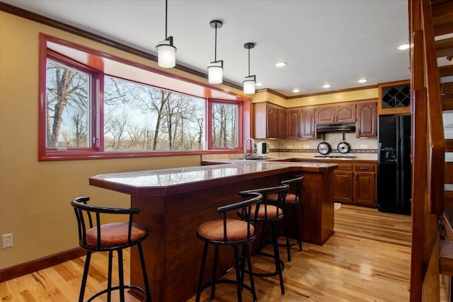 kitchen featuring backsplash, under cabinet range hood, a kitchen bar, light wood-style floors, and a sink