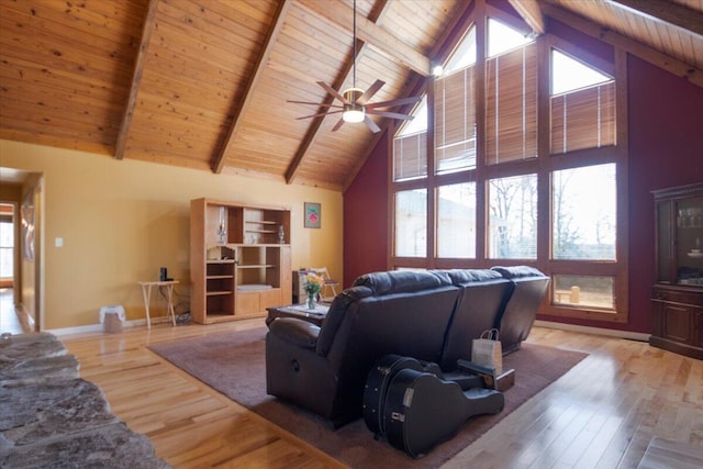 living area featuring beamed ceiling, wood ceiling, and wood finished floors