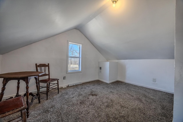 bonus room featuring vaulted ceiling, carpet flooring, visible vents, and baseboards