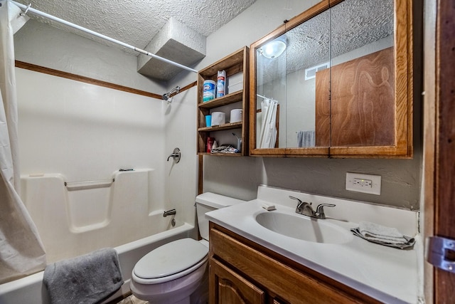 bathroom with a textured ceiling, shower / bath combination with curtain, vanity, and toilet