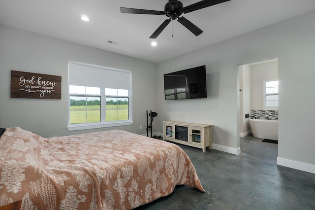 bedroom featuring visible vents, concrete floors, baseboards, and multiple windows