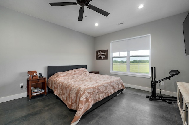 bedroom with recessed lighting, visible vents, ceiling fan, and baseboards