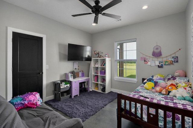 bedroom with visible vents, baseboards, ceiling fan, and recessed lighting