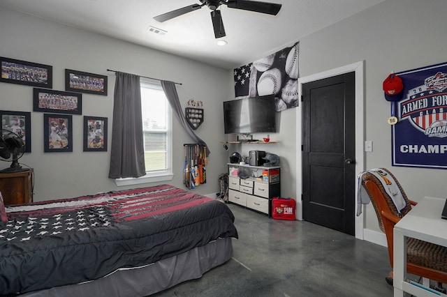 bedroom with ceiling fan, concrete floors, and visible vents