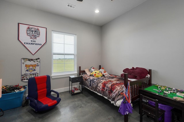 bedroom featuring concrete flooring, recessed lighting, visible vents, and baseboards