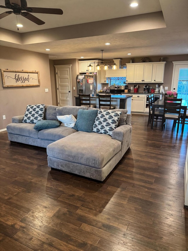 living area featuring recessed lighting, a raised ceiling, and dark wood-style flooring