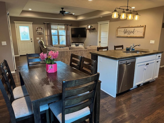 kitchen with a tray ceiling, stainless steel dishwasher, a sink, and dark wood finished floors