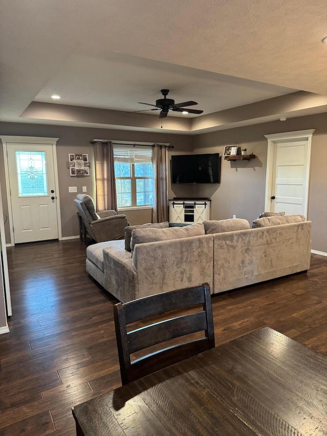 living area with baseboards, a tray ceiling, and dark wood-type flooring