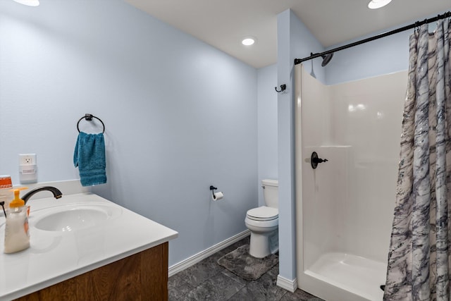 15221 Cleveland Rd, Houston, MO 65483 - bathroom with baseboards, a shower stall, toilet, and vanity