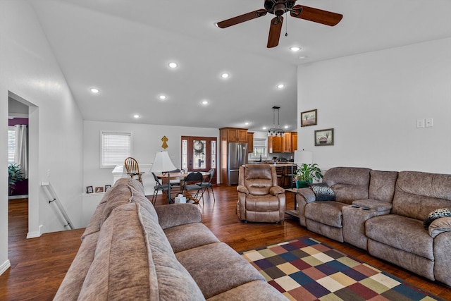 15221 Cleveland Rd, Houston, MO 65483 - living room featuring ceiling fan, high vaulted ceiling, dark wood-style flooring, and recessed lighting