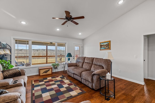 15221 Cleveland Rd, Houston, MO 65483 - living area featuring lofted ceiling, ceiling fan, recessed lighting, wood finished floors, and baseboards