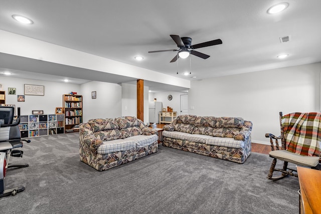 15221 Cleveland Rd, Houston, MO 65483 - living area featuring recessed lighting, carpet flooring, ceiling fan, and visible vents