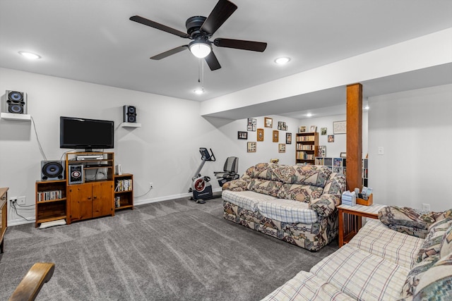 15221 Cleveland Rd, Houston, MO 65483 - living area featuring recessed lighting, carpet flooring, ceiling fan, and baseboards