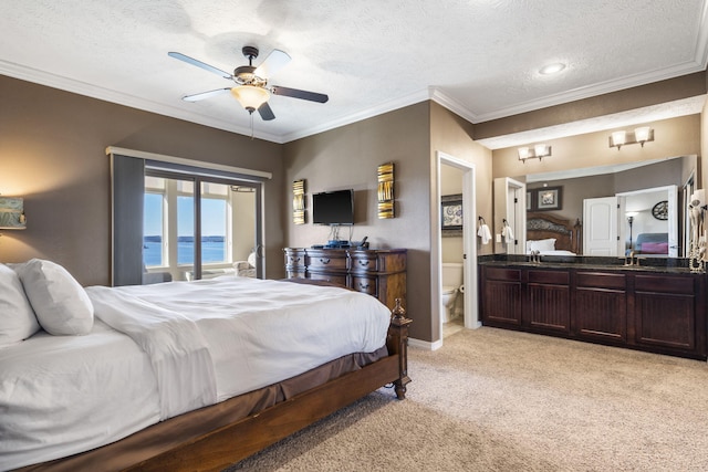 bedroom with light carpet, a textured ceiling, ornamental molding, and a sink