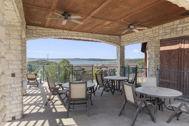 view of patio / terrace featuring outdoor dining area, visible vents, and ceiling fan