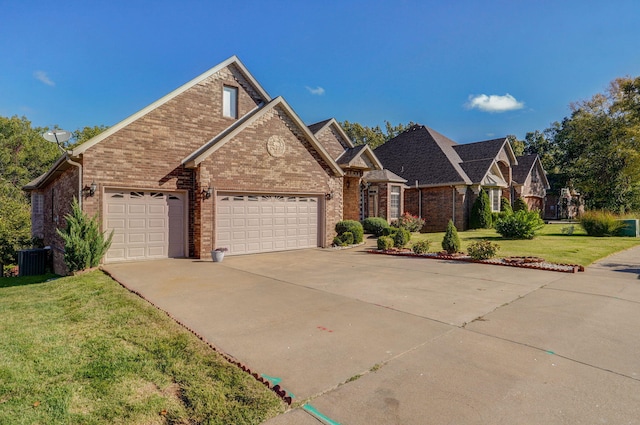 view of front of property with central air condition unit, a garage, brick siding, concrete driveway, and a front lawn