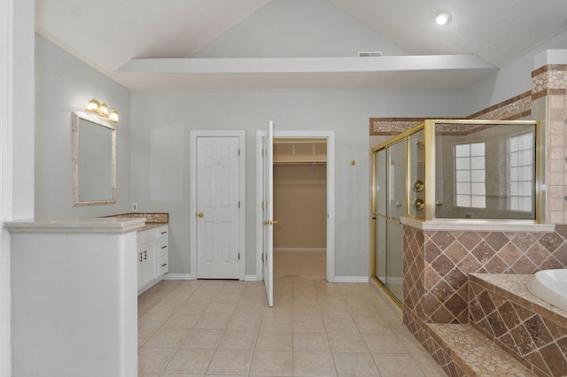 bathroom featuring a stall shower, visible vents, tile patterned flooring, vaulted ceiling, and vanity