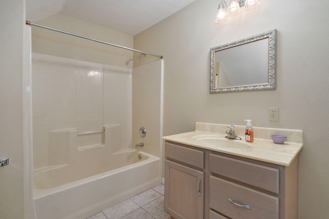 full bathroom with shower / bathtub combination, vanity, and tile patterned floors