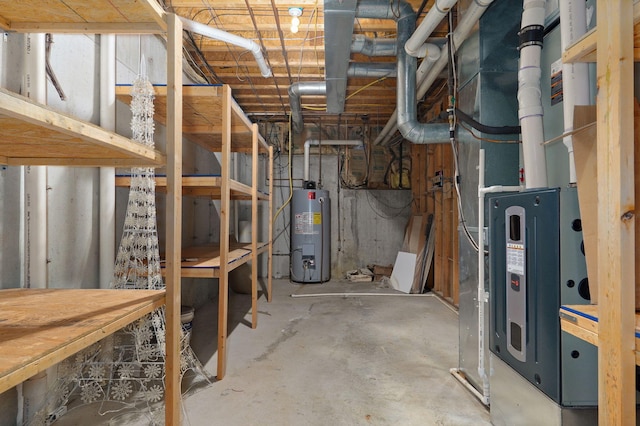 unfinished below grade area with water heater and heating unit