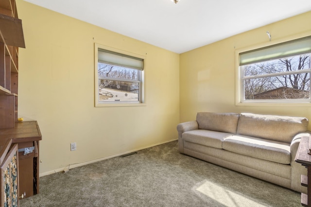 living area with carpet, visible vents, and baseboards