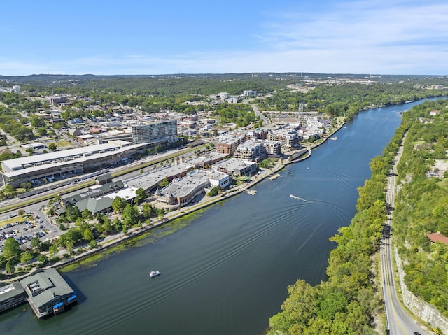 drone / aerial view with a water view