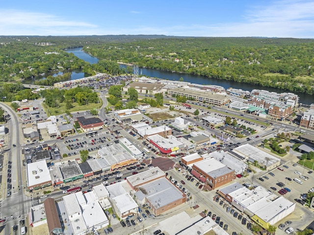 bird's eye view featuring a water view and a view of trees