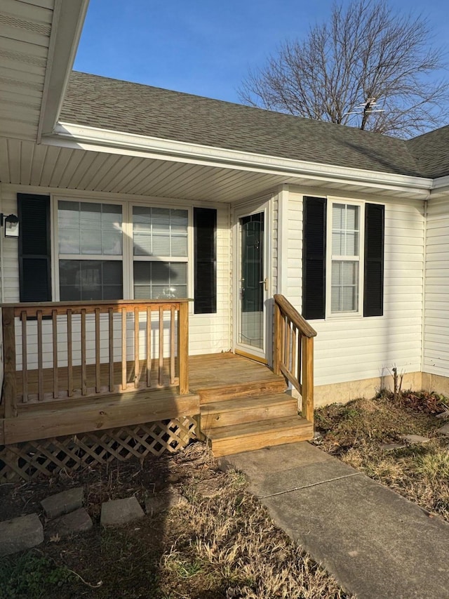 doorway to property with roof with shingles