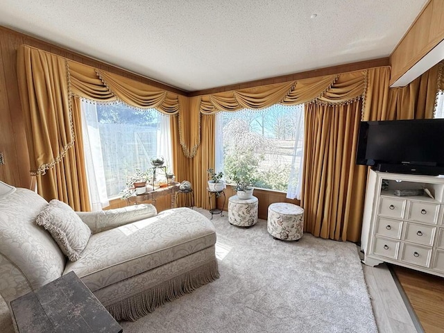 sitting room with a textured ceiling, wood finished floors, and a healthy amount of sunlight