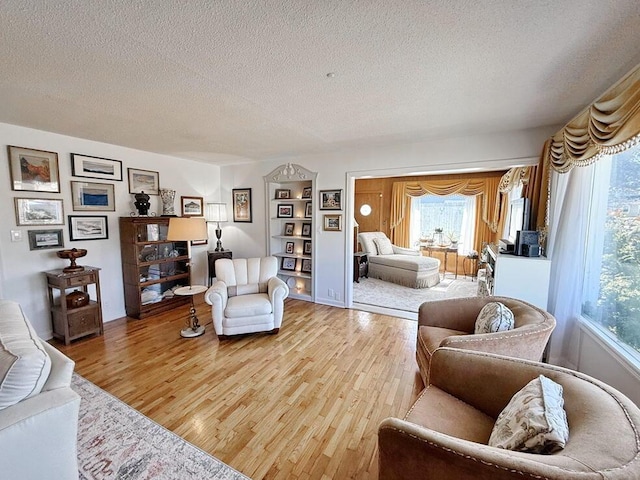 living area with a textured ceiling, light wood finished floors, and a healthy amount of sunlight