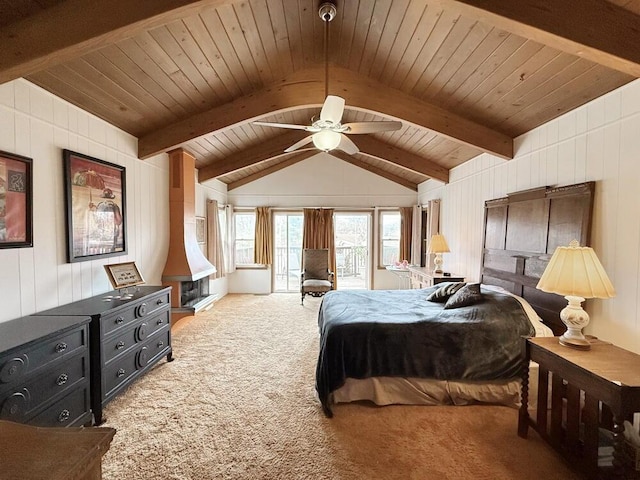 bedroom featuring vaulted ceiling with beams, carpet floors, wooden ceiling, and access to exterior