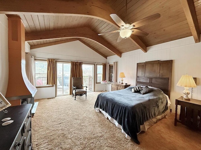 carpeted bedroom with access to exterior, wooden ceiling, multiple windows, and vaulted ceiling with beams