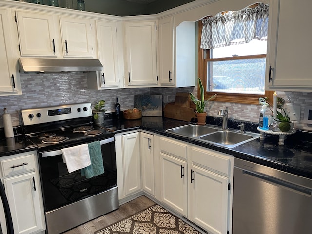 kitchen featuring dark countertops, appliances with stainless steel finishes, under cabinet range hood, white cabinetry, and a sink