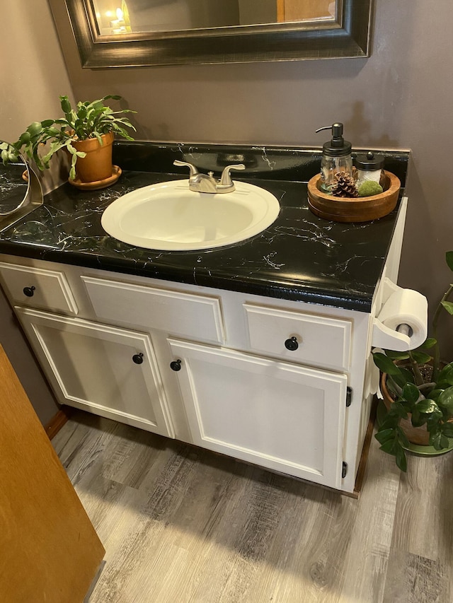 bathroom with wood finished floors and vanity