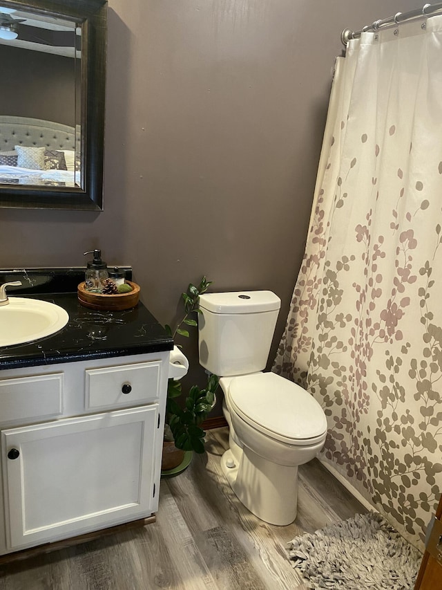 full bathroom featuring toilet, curtained shower, wood finished floors, and vanity