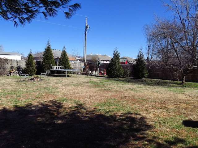 view of yard featuring a fenced backyard and a trampoline