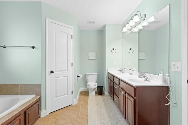 full bath with tile patterned flooring, toilet, visible vents, a bath, and double vanity