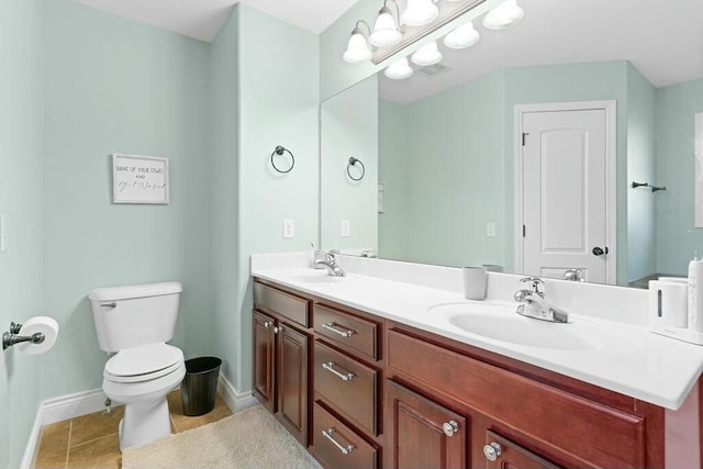 full bathroom featuring tile patterned flooring, a sink, toilet, and double vanity