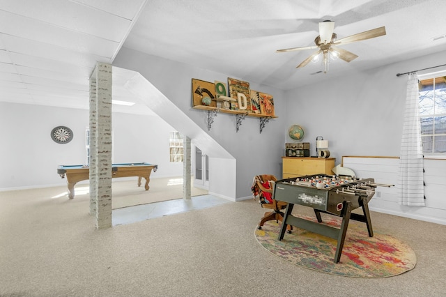 playroom featuring carpet floors, billiards, baseboards, and a ceiling fan