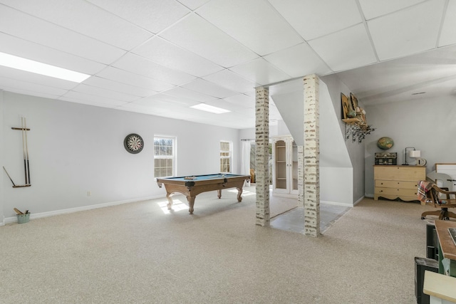 playroom with carpet, a drop ceiling, billiards, and baseboards