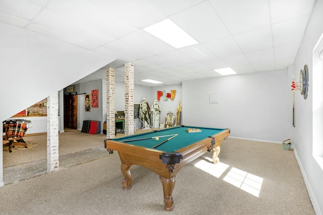 rec room featuring carpet, billiards, a paneled ceiling, and baseboards