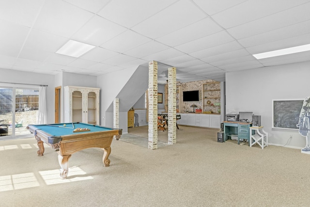 game room with a paneled ceiling, pool table, and carpet