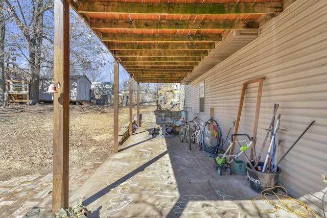 view of patio / terrace with a storage unit and an outdoor structure